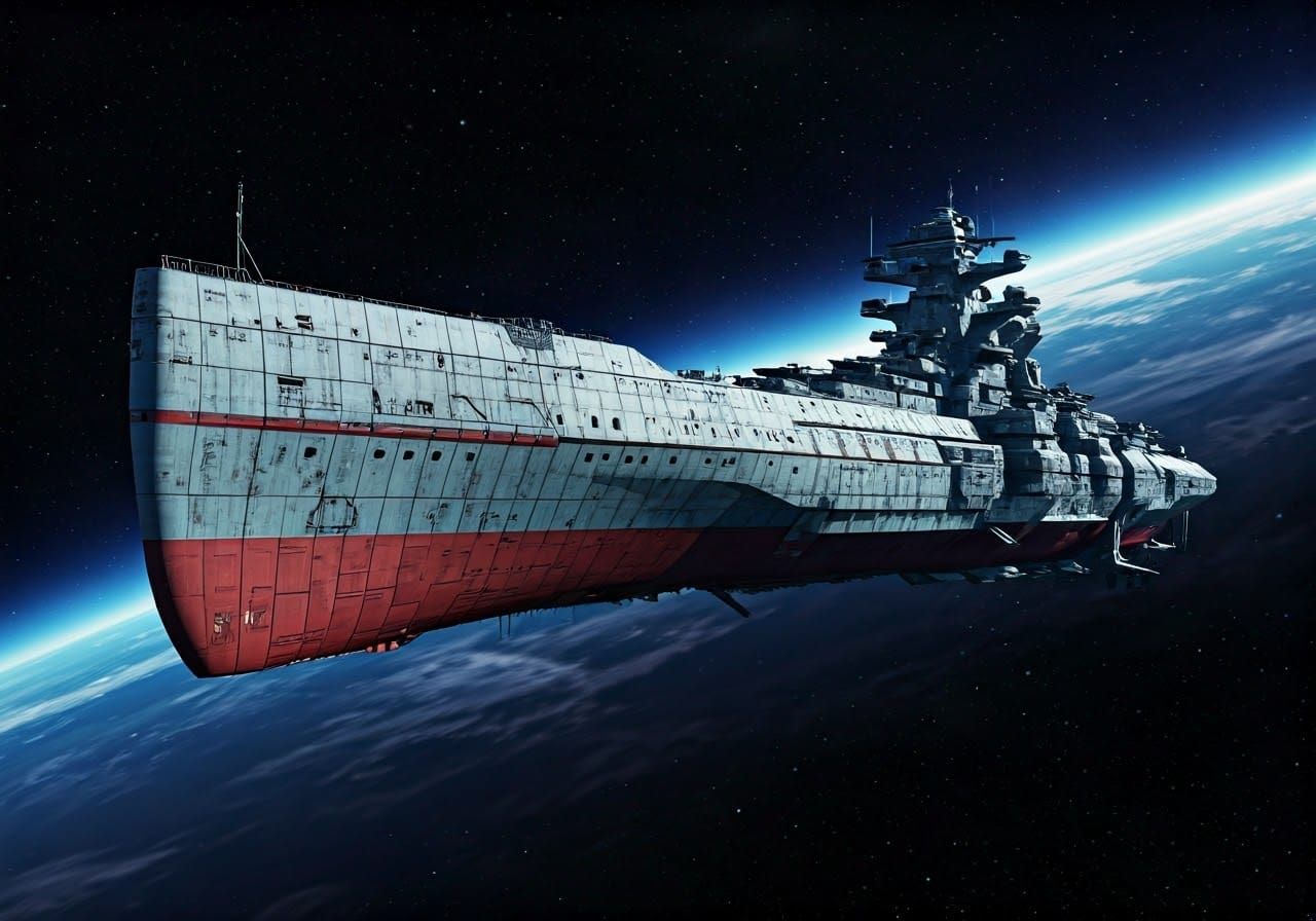 Damaged Space Cruiser in 80s Anime Style