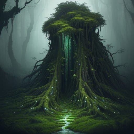 A towering figure resembling a humanoid tree, with bark-like skin, leaves in place of hair, and branches woven into thei...