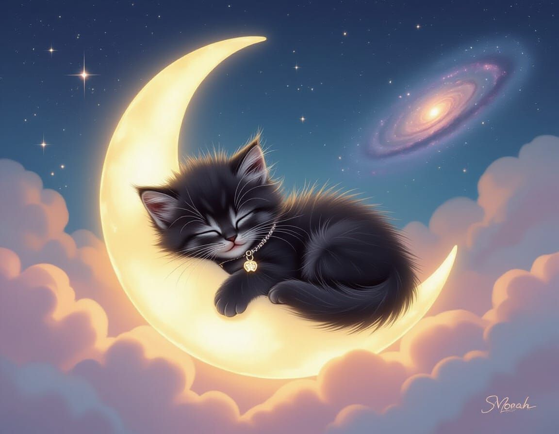 Sleeping Kitten on Moon in Dreamy Galaxy