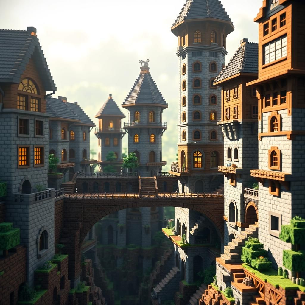 Minecraft Buildings Linked by Bridges, Professional Photogra...
