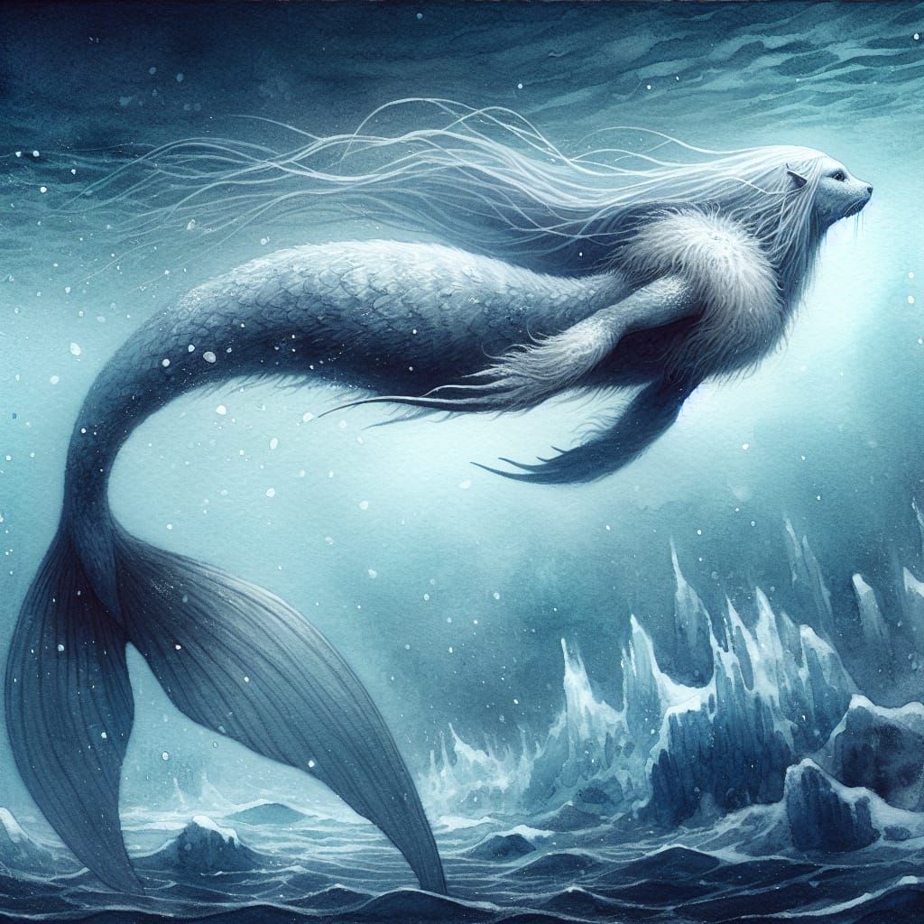 Arctic Seal Mermaid in Romantic Watercolor Style
