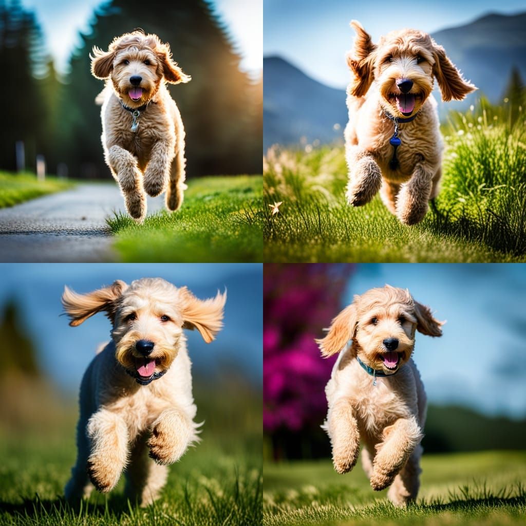 Excited Goldendoodle Running on a Sunny Day