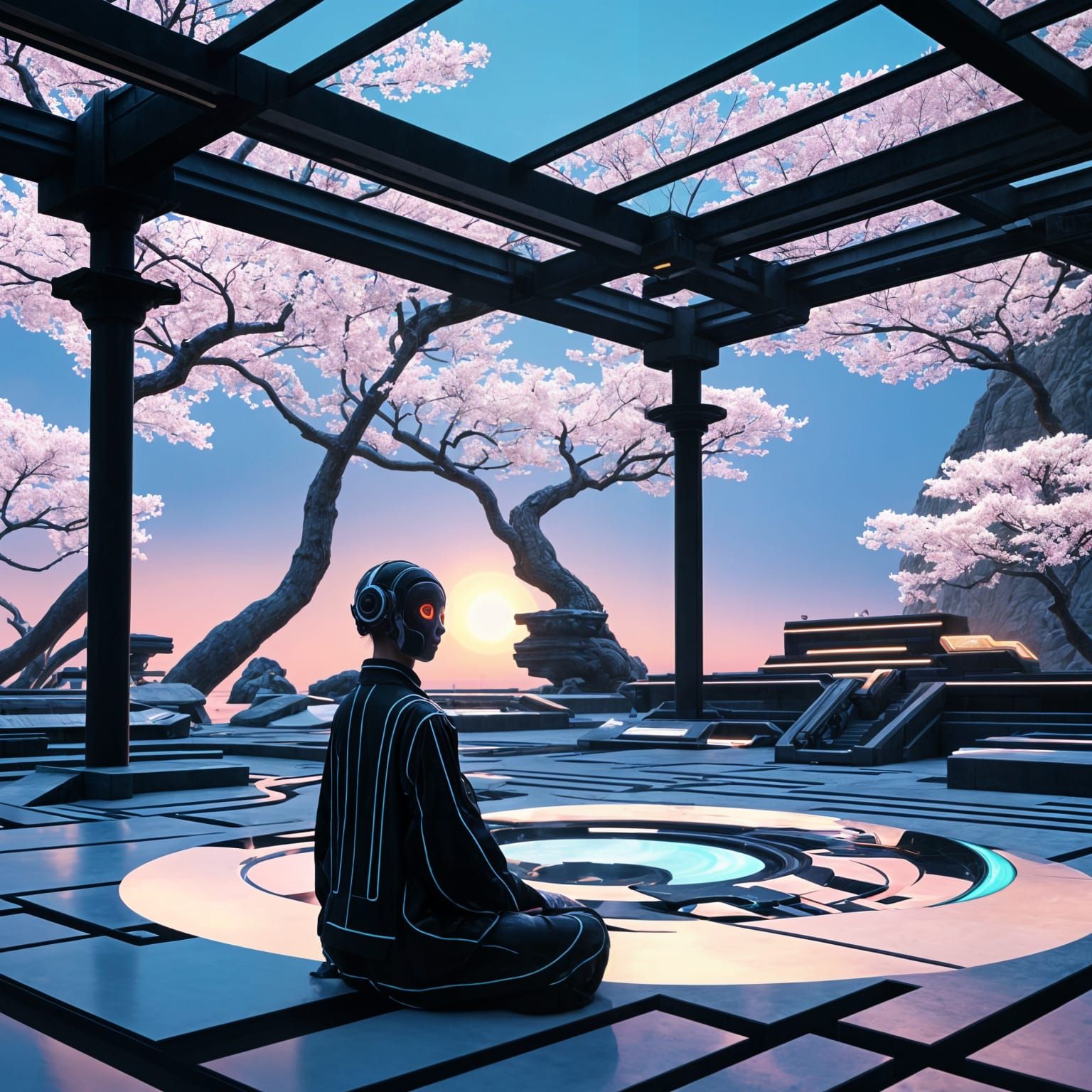 Cyborg Meditation in Futuristic Zen Garden