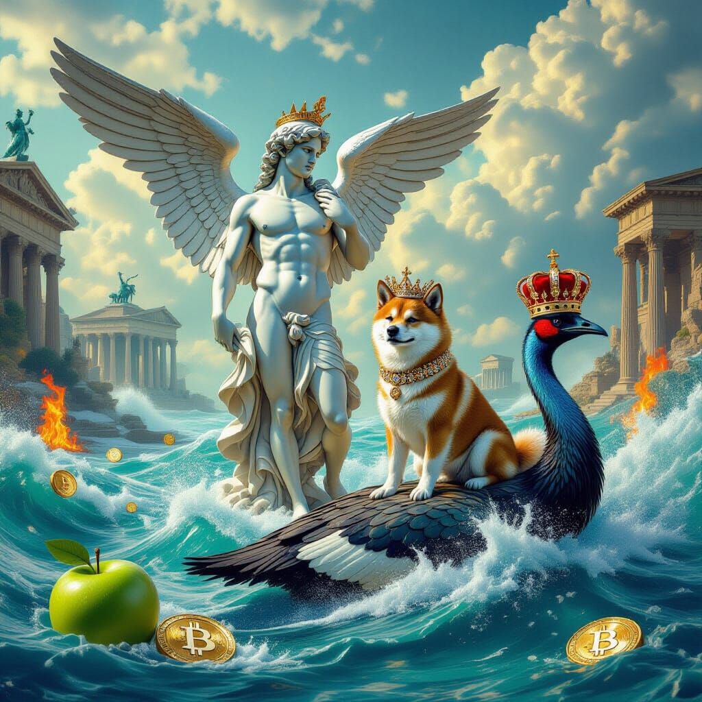 Winged David Statue with Crowned Shibu Inu, Emu, and Surreal...