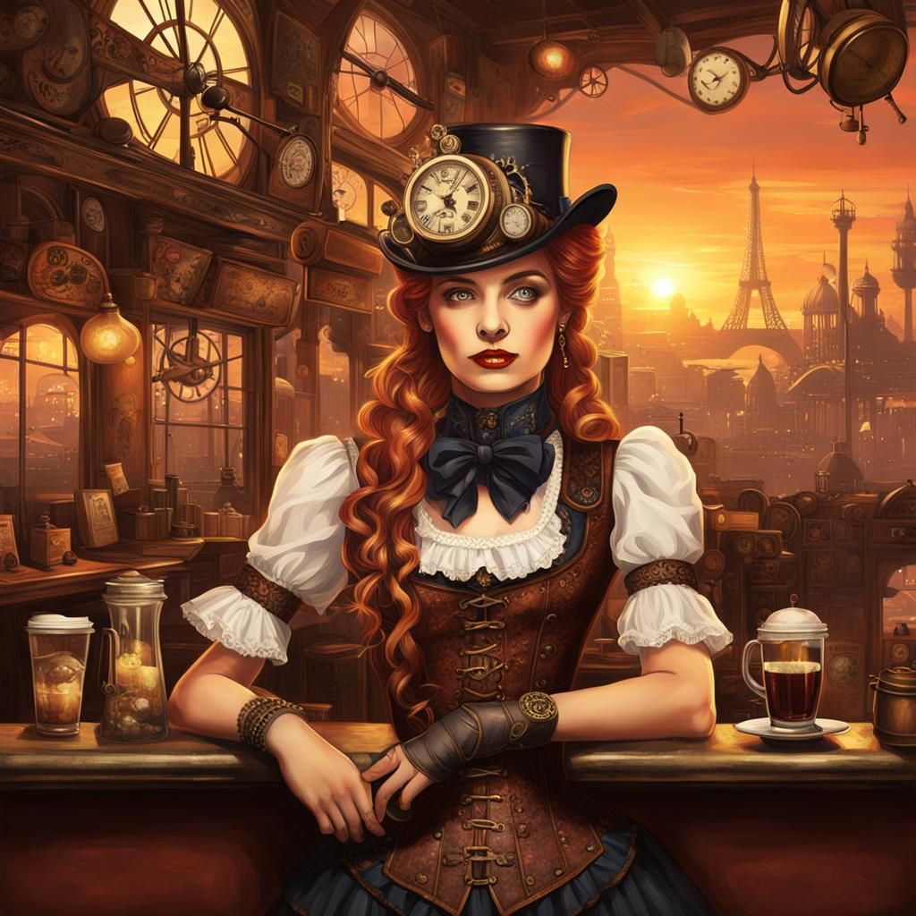 Steampunk Sunset Cafe Scene, Year 1800