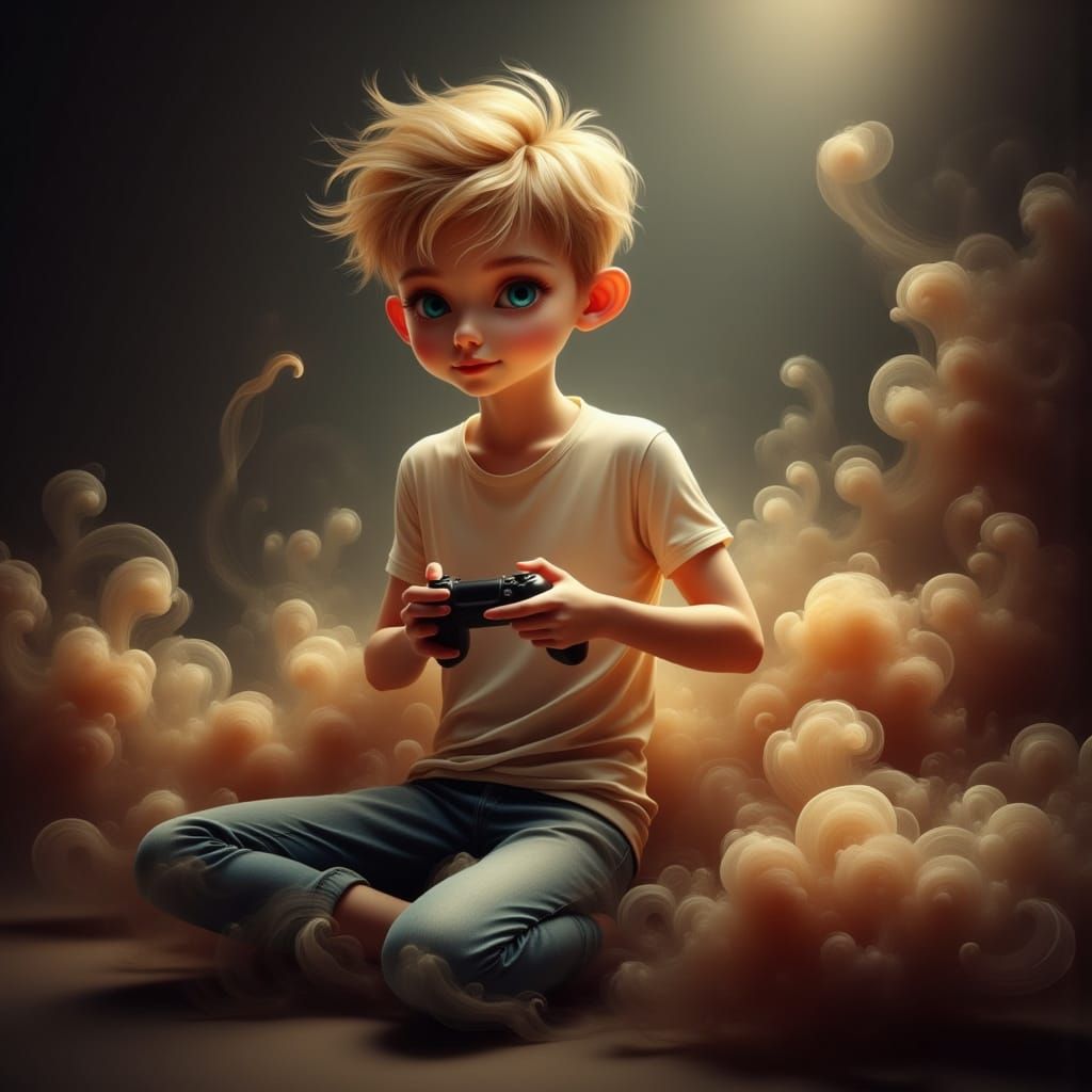 Boy in Ethereal Dreamlike Scene with Gaming Controller