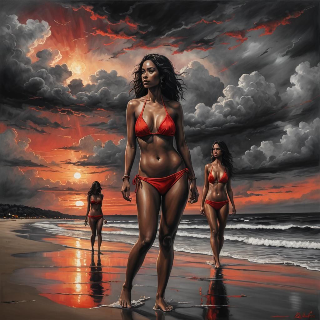Exotic Women at Beach Sunset, Charcoal Art