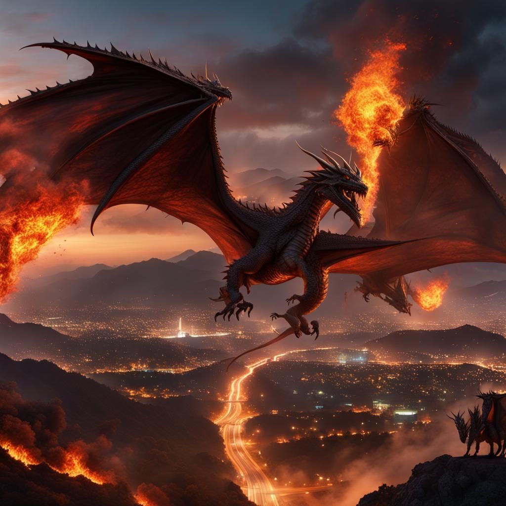 Dragons Burn Hollywood Sign: Dark Fantasy Art
