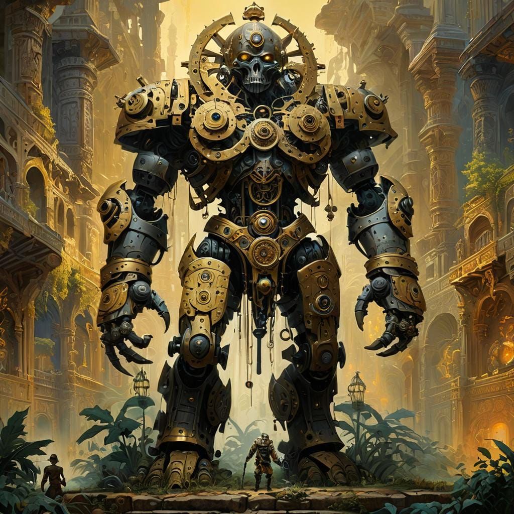 Clockwork Golem in Edenic Garden, Oil Painting