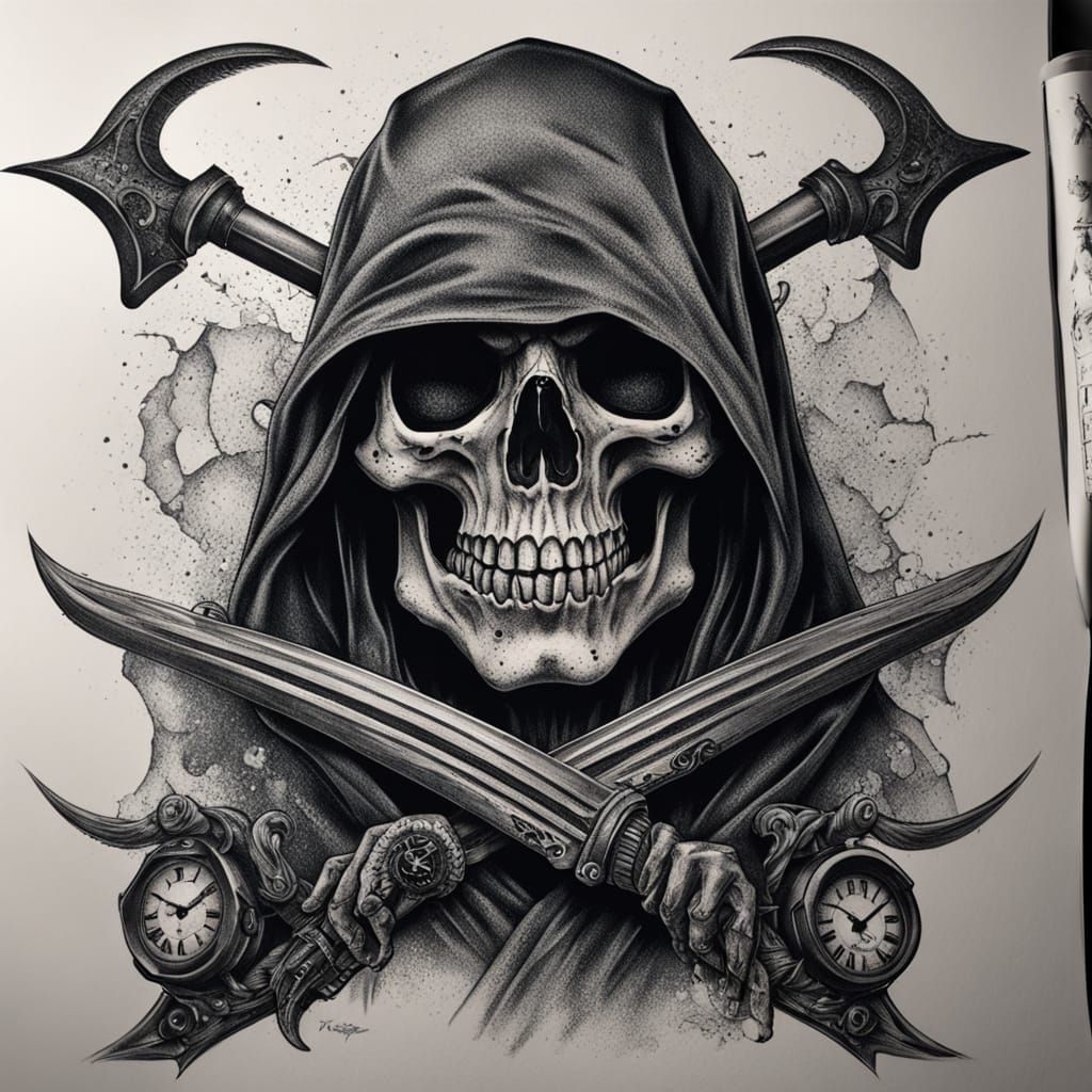 Grim Reaper Skull Tattoo in Black and Grey Realism