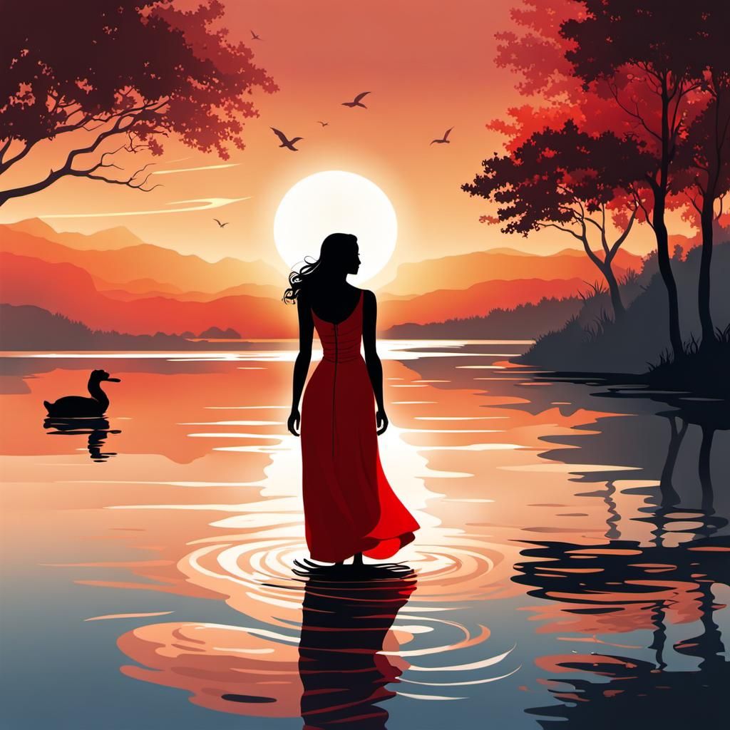 Woman in Red Dress at Sunset Lakeside
