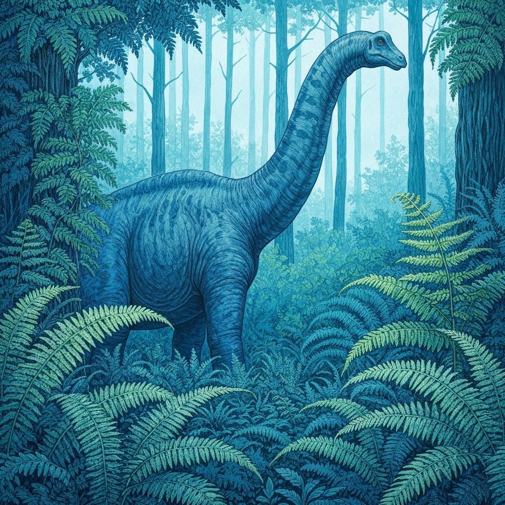 Brachiosaur partly visible through a forest of ferns, stylised, blues and greens
