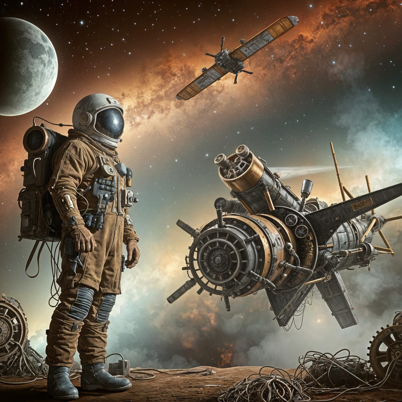 Steampunk Astronaut Salvages Derelict Space Ship