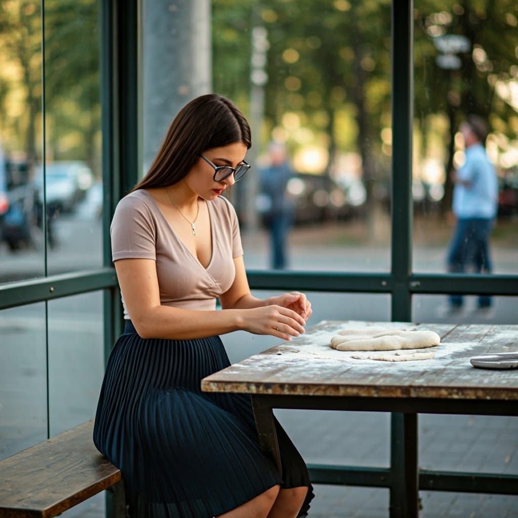 Stylish Woman Kneads Dough in Surrealist Bus Stop Scene
