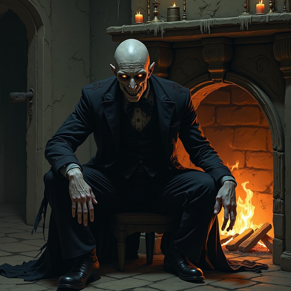 Menacing Figure in Gothic Horror Fireplace Scene