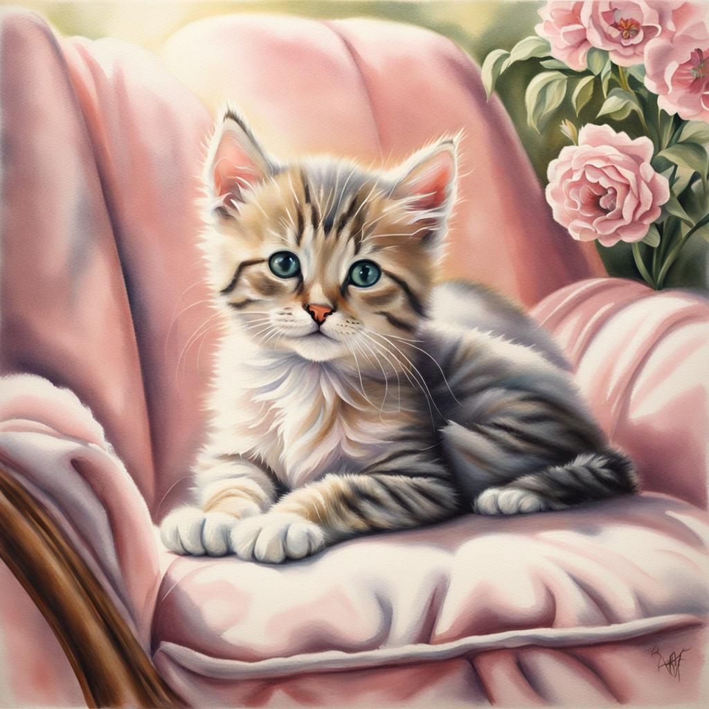 Adorable Kitten in Pink Dress, Airbrush Oil Watercolor