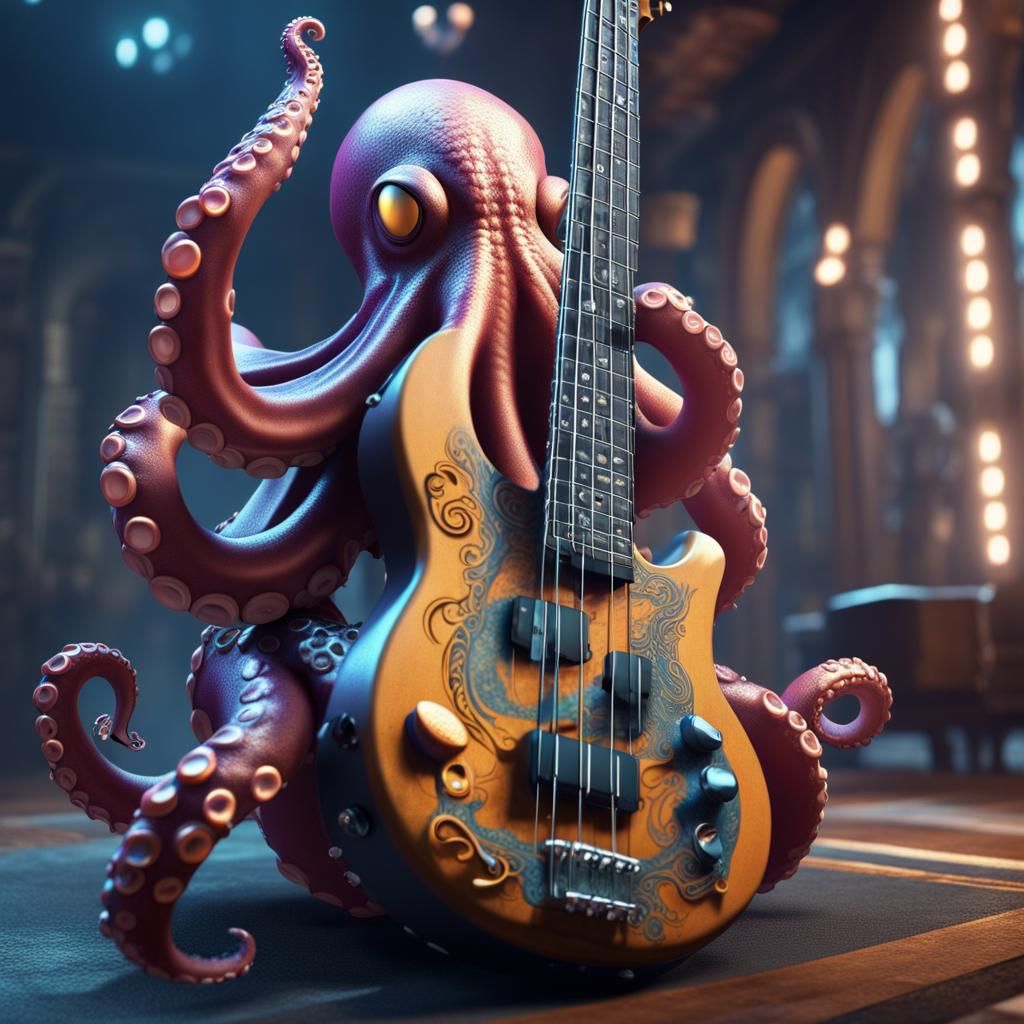 Octopus Plays Bass Guitar: Detailed Fantasy Art