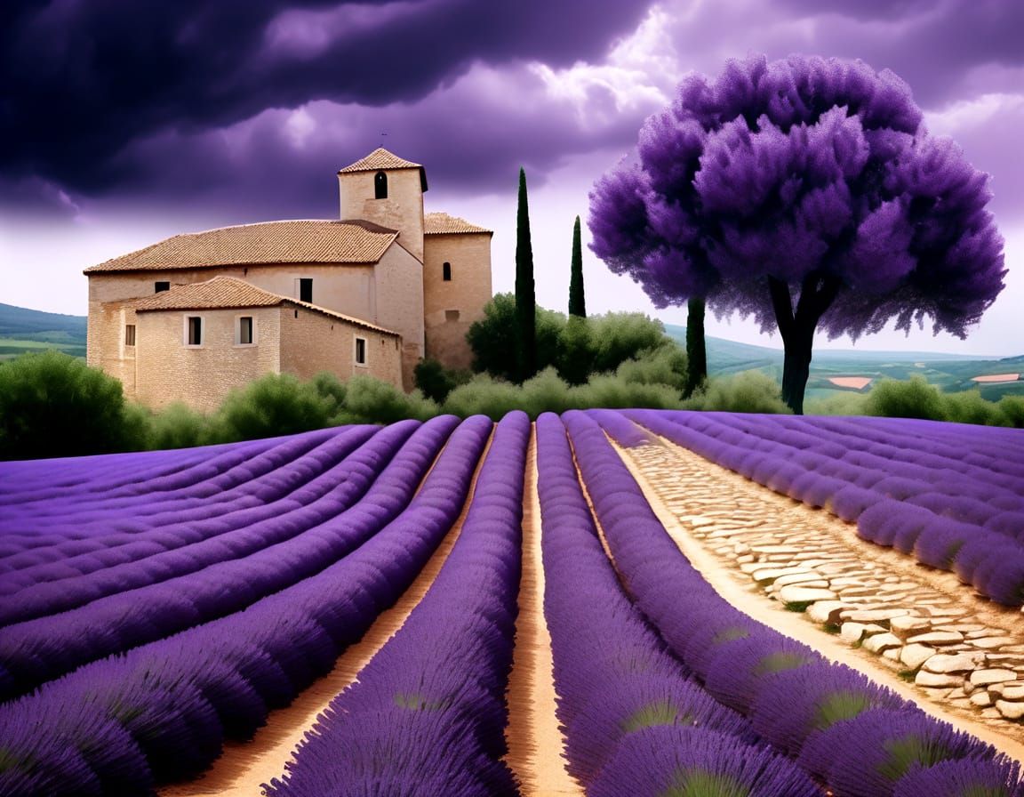 Lavender Provence Landscape in Impasto Style
