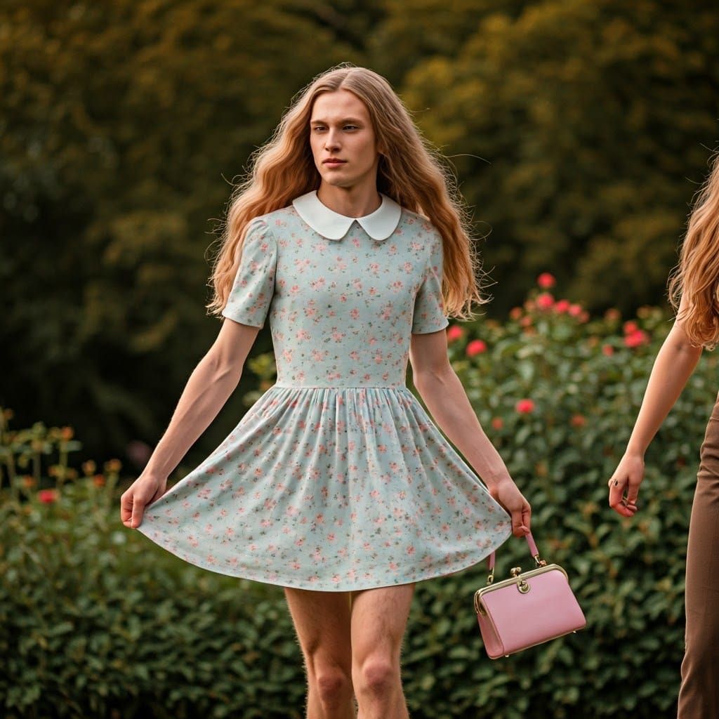 Androgynous Youth in Vintage Dress Caught by Wind in Park