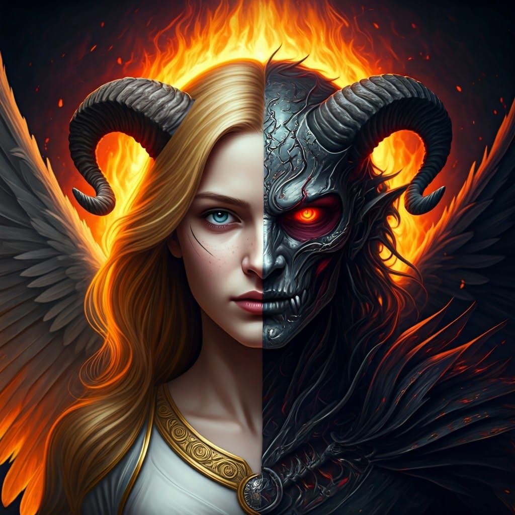 Surreal Darkness: Angel and Demon Face in Fire