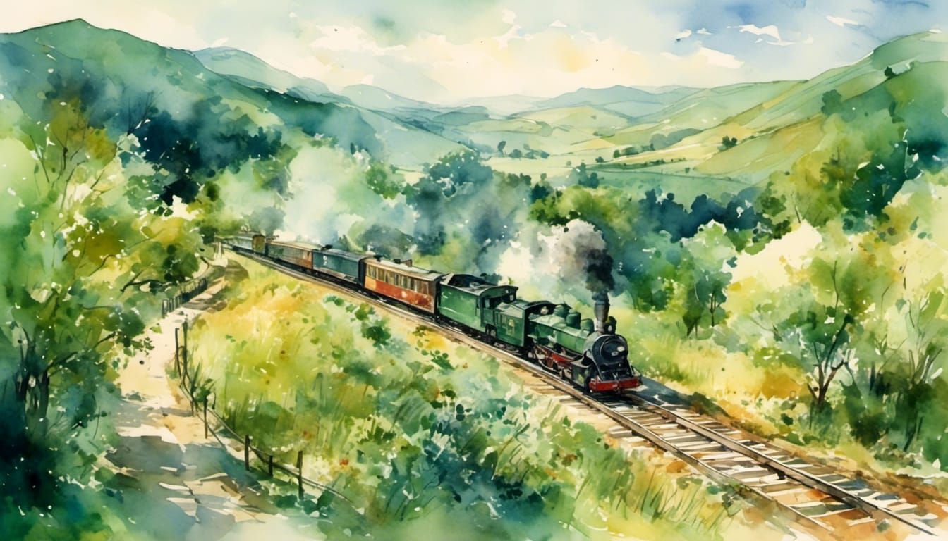 Watercolor Train in Green Countryside