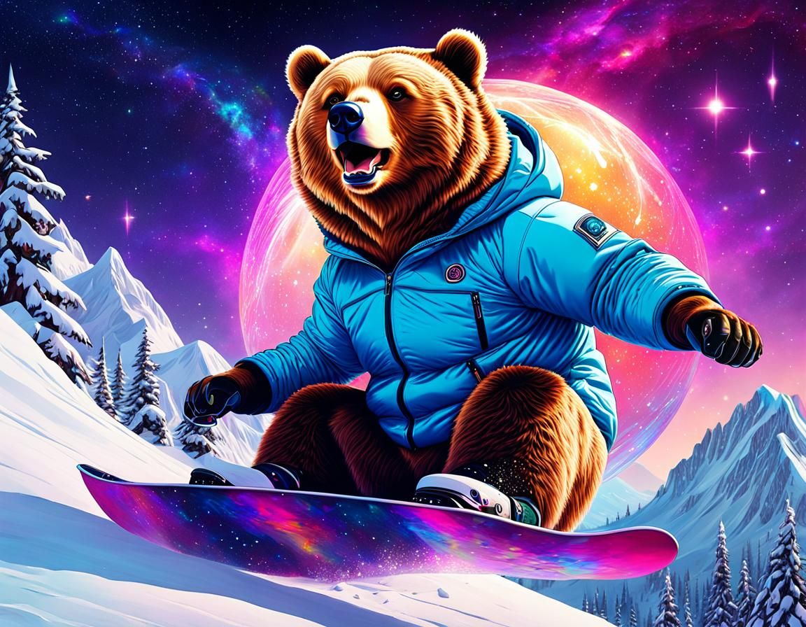 Chubby Bear Snowboarding in Cosmic Style