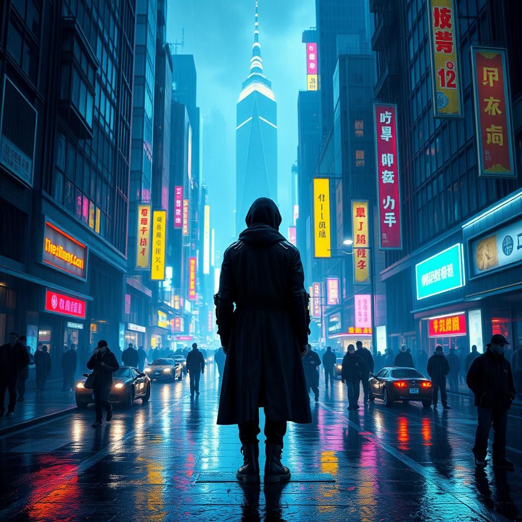 Cyberpunk Hacker in Dystopian Metropolis