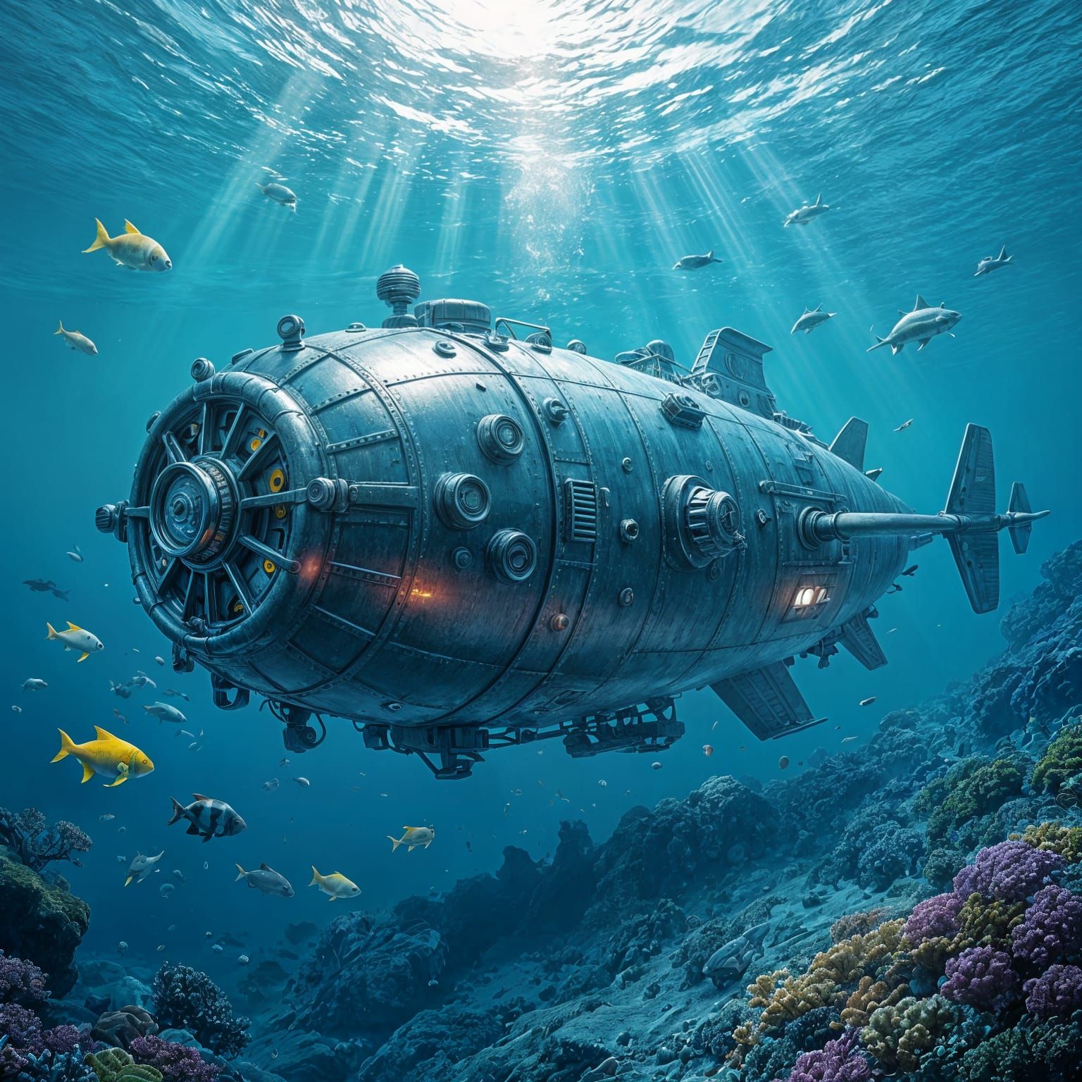 Floating Bathyscaphe Surrounded by Ocean Life in Hyperrealis...