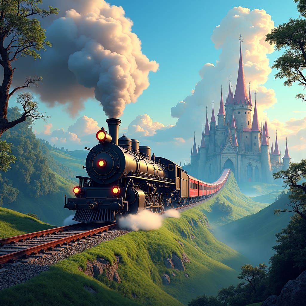 Steam Train Races Through Countryside: Fantasy Concept Art