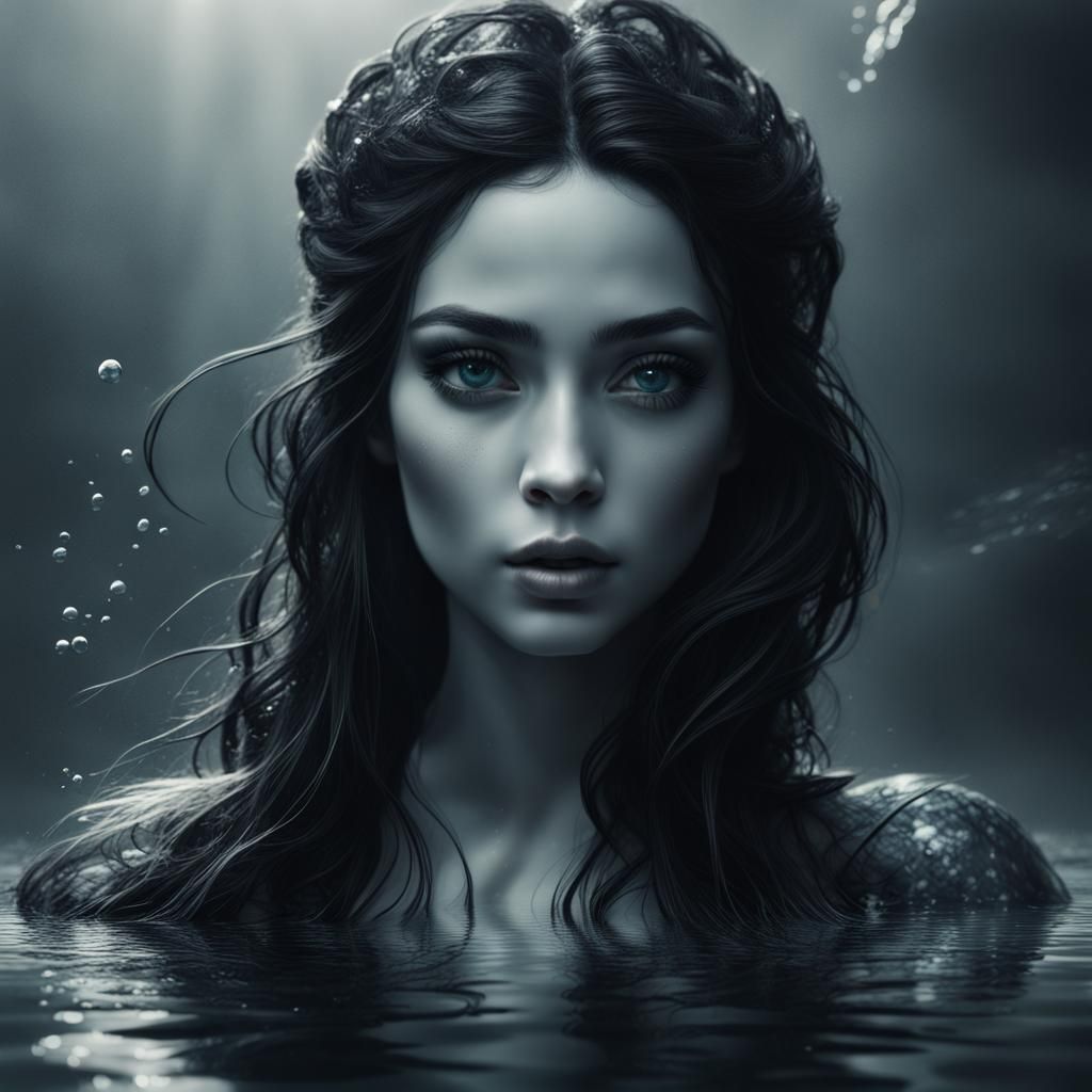 Beautiful Black-haired Mermaid in Black and White