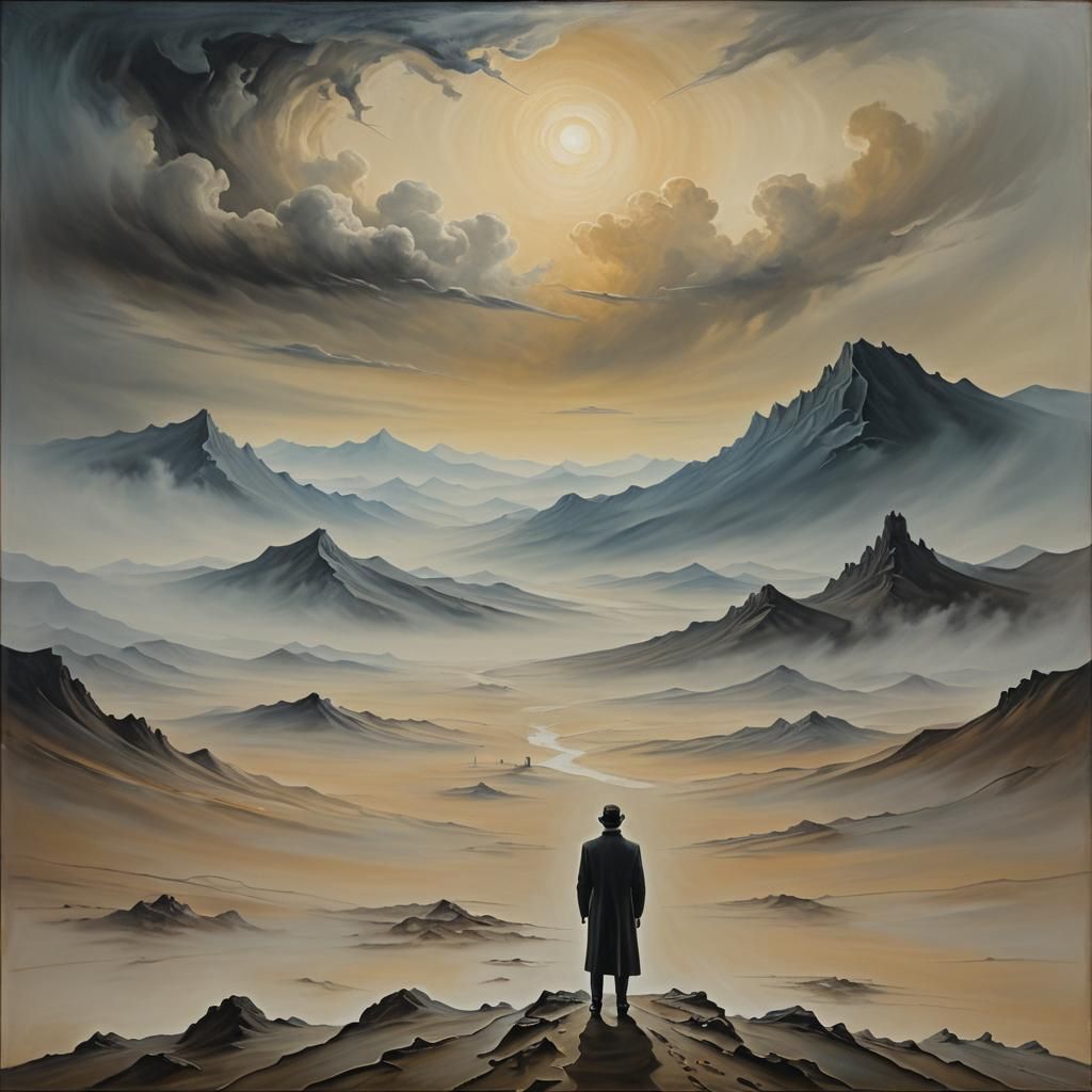 Surreal Solitary Figure in Dreamlike Landscape