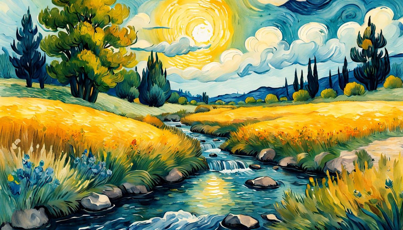 Vibrant Spring Meadow and Creek in Expressive Watercolor