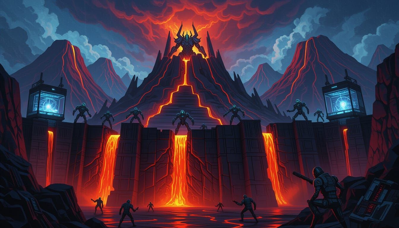 Volcano Fortress Ruled By Cybernetic Villain And Robot Army