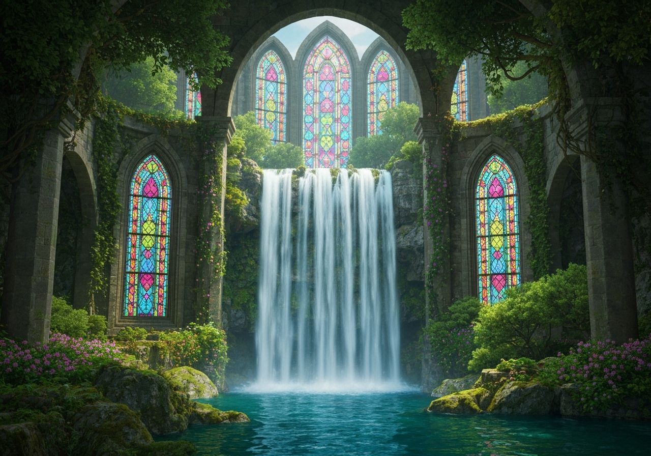 Fantastical Waterfall Church with Stained-Glass Windows