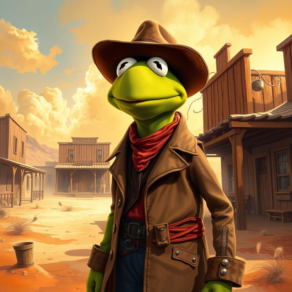 Kermit the Muppet in a Gritty Western Scene
