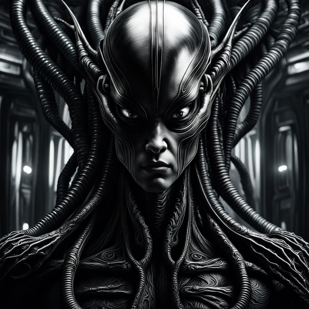 Alien Portrait in Giger Style with Dramatic Lighting