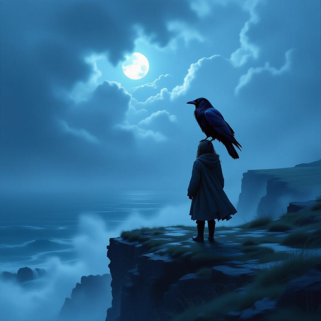 Child with Spectral Raven on Stormy Cliff at Dusk