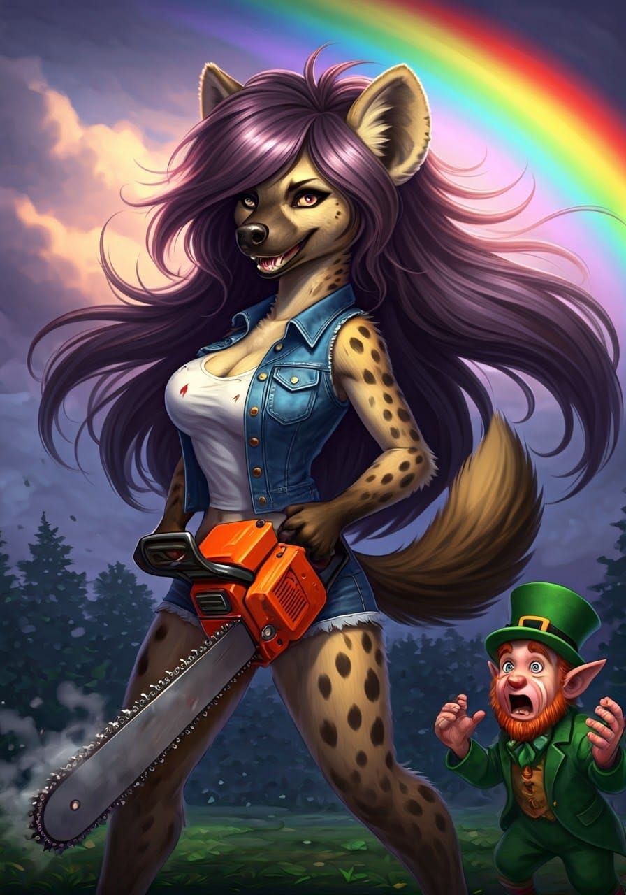 She-Hyena Revs Chainsaw in Vibrant, Photorealistic Scene