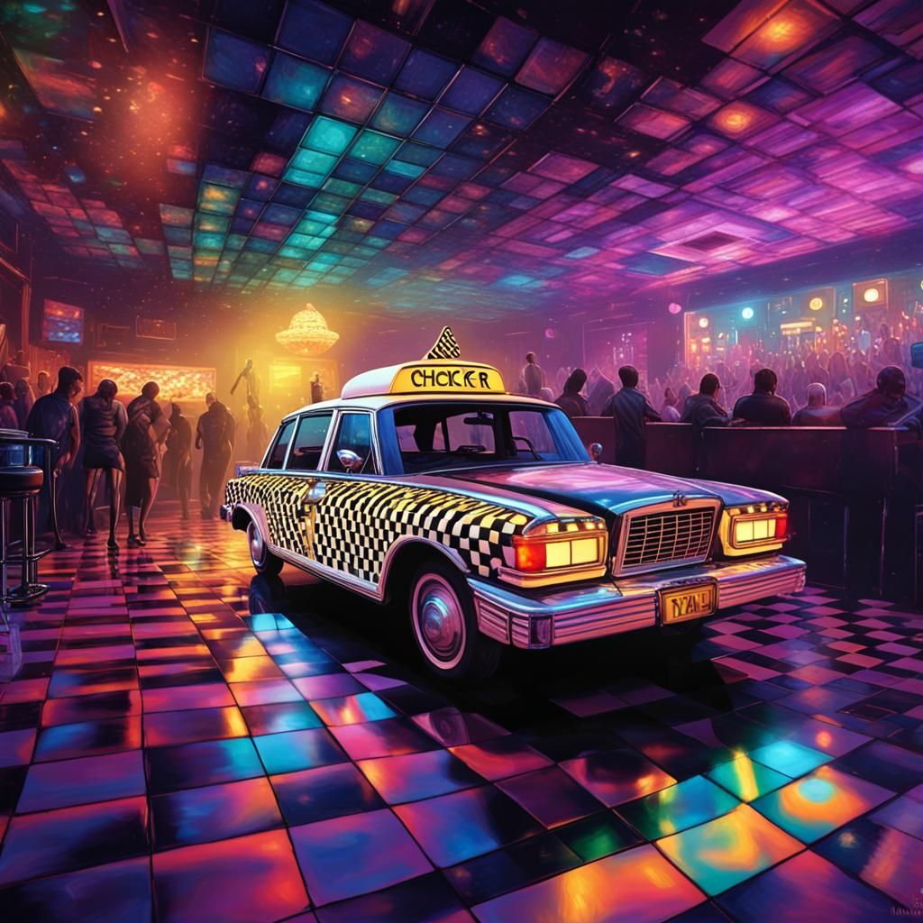 A Checker taxi car picking up a passenger at a nightclub in Chicago during the 1990s, captured in a wide-angle shot.