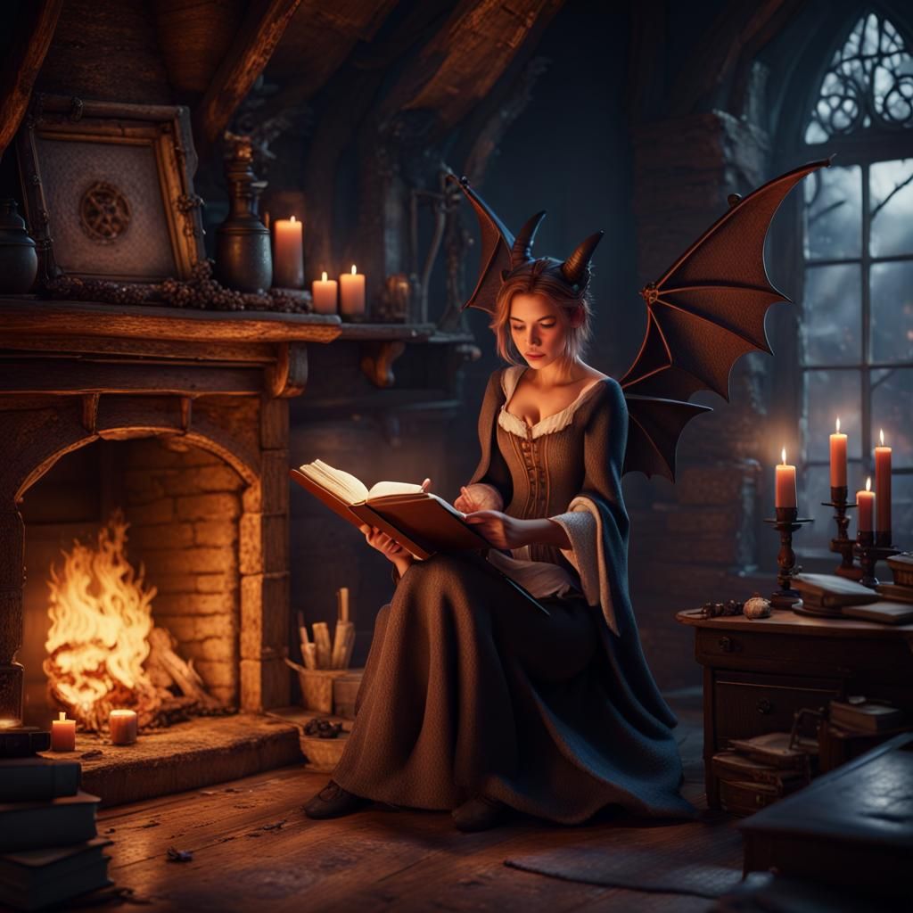 Bat-Human Hybrid Woman Reads Spellbook in Cottage