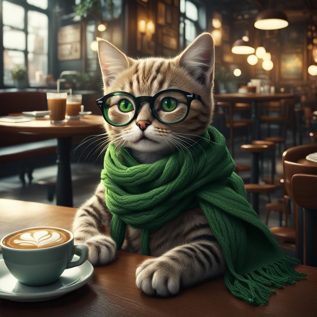 Kitten in Cafe, Detailed Matte Painting