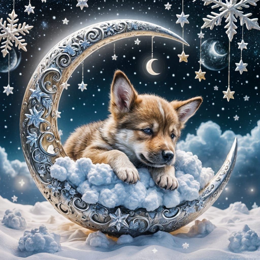 Tiny Puppy Slumbers on Glowing Crescent Moon