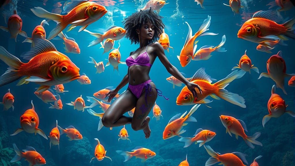Woman Swimming with Goldfish in Dark Fantasy Aquarium