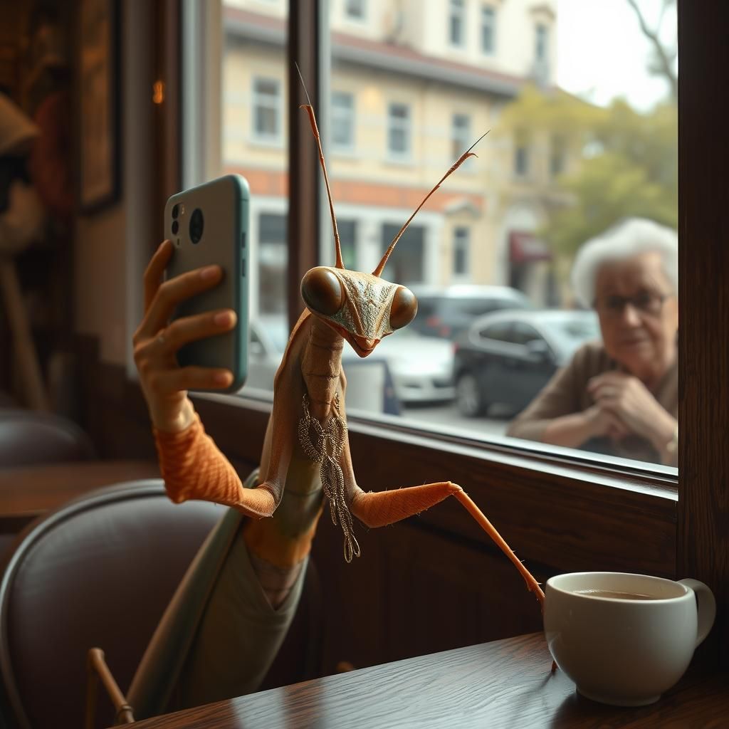 Glamorous Praying Mantis Selfie Photobombed