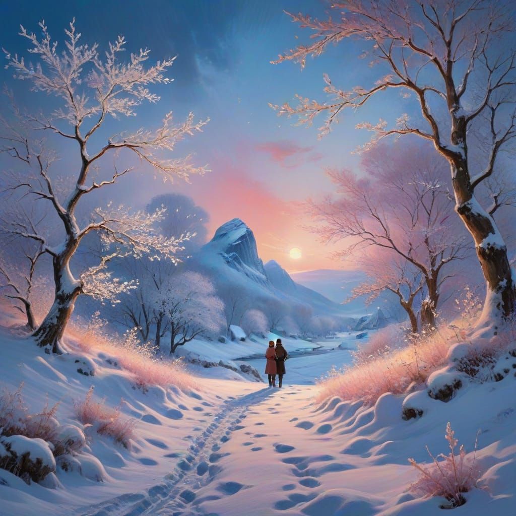 Ethereal Winter Friends in Opalescent Landscape