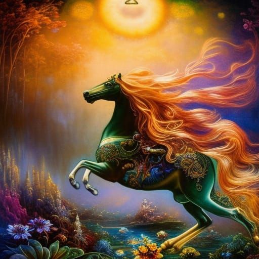 Bioluminescent Carousel Horse Leaping in Misty Landscape