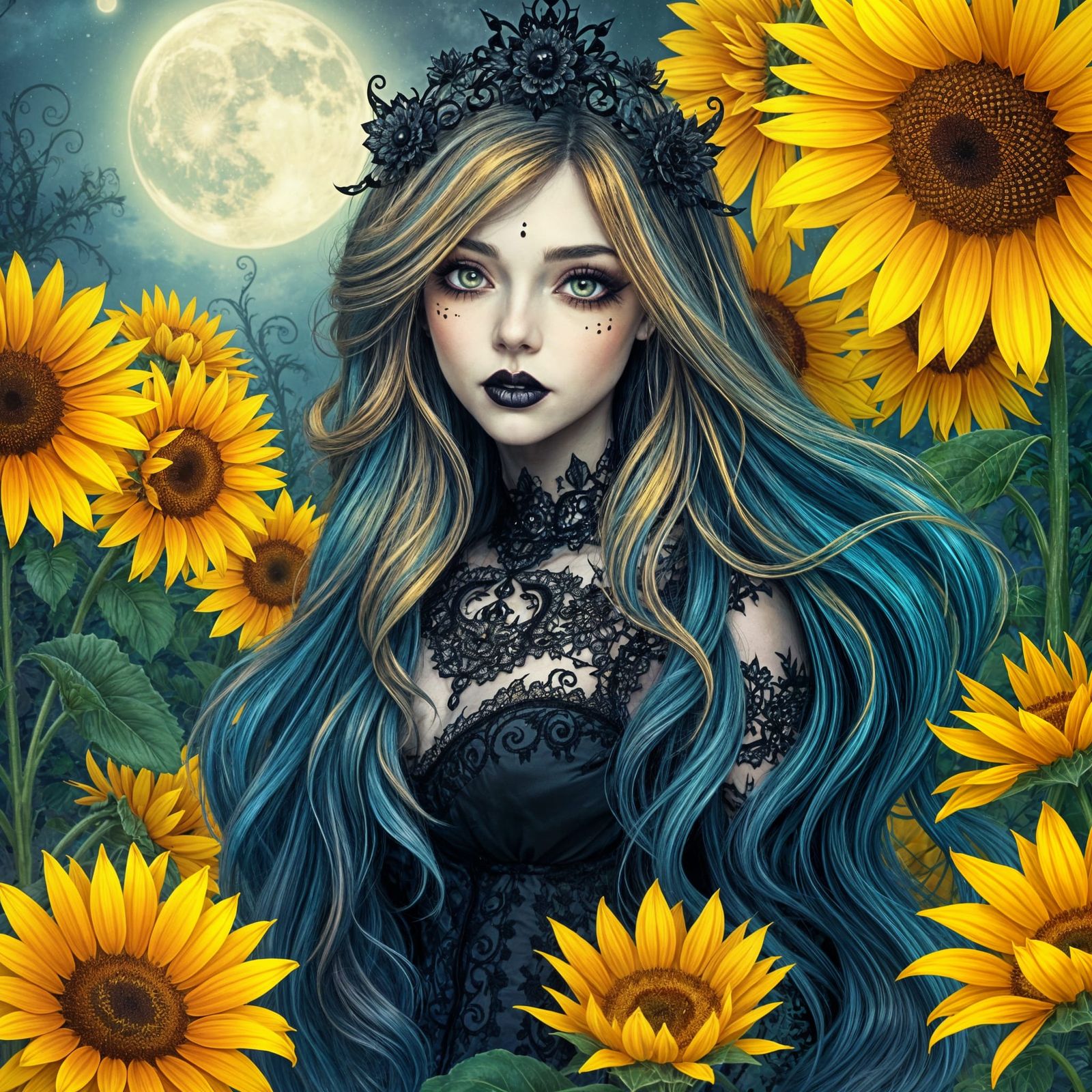 Ethereal Gothic Princess in Whimsical Sunflower Garden