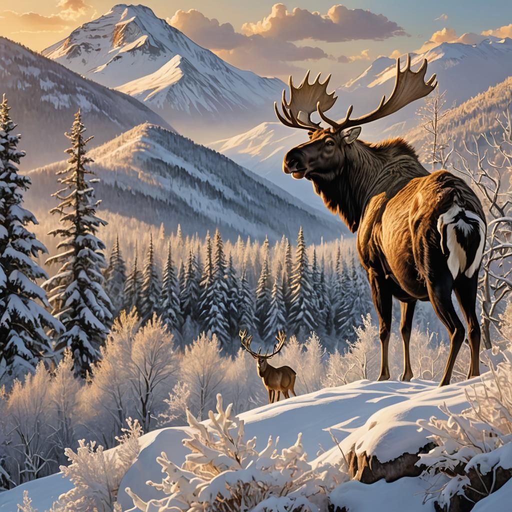 Majestic Animals on a Snow-Capped Mountain Peak