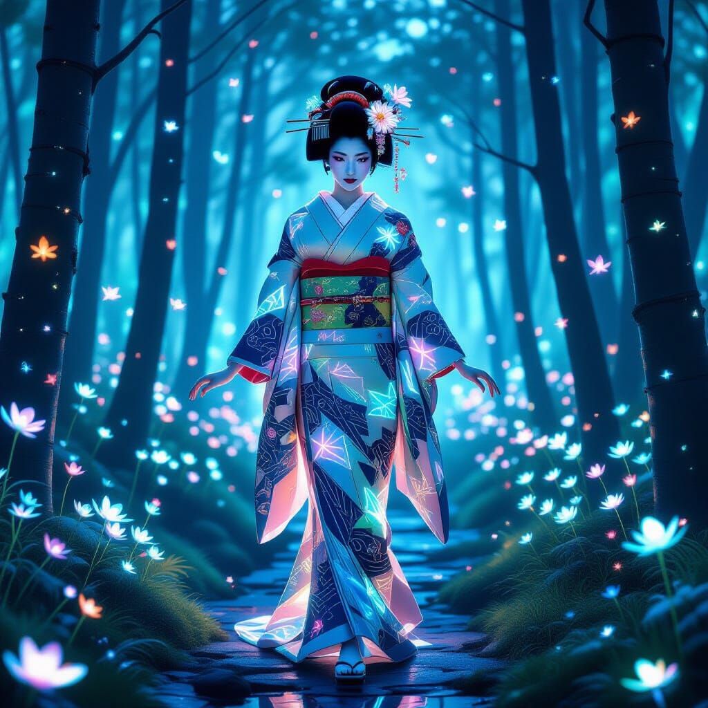 Futuristic Geisha in Bioluminescent Forest