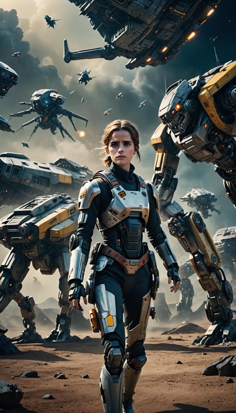 Movie poster of sci-fi film with robots and spaceships starring Emma Watson, Cinematic film still, shot on v-raptor XL, ...